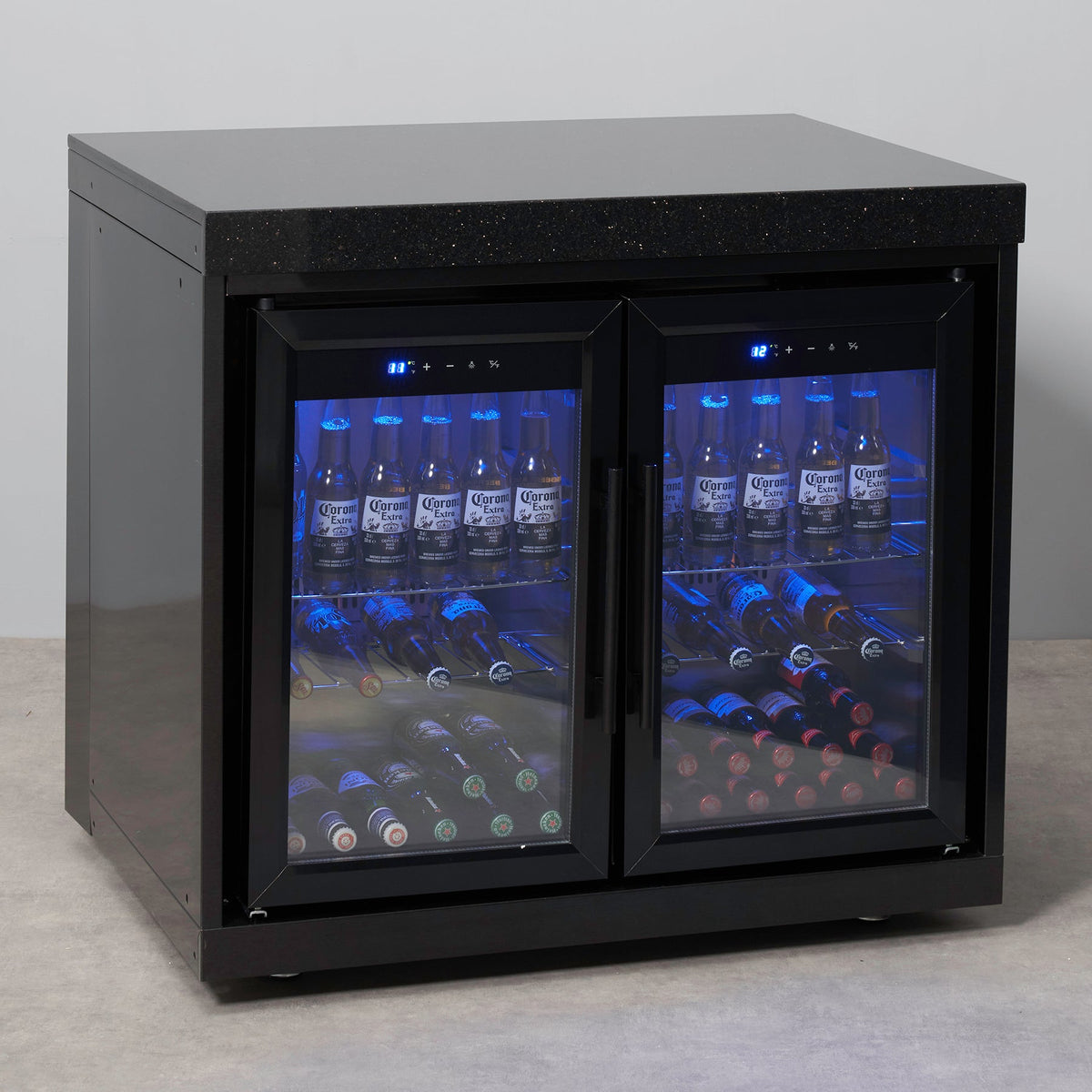 Black Stainless Steel Double Fridge Cabinet with Granite Top