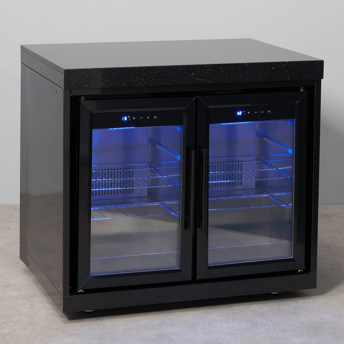Black Stainless Steel Double Fridge Cabinet with Granite Top