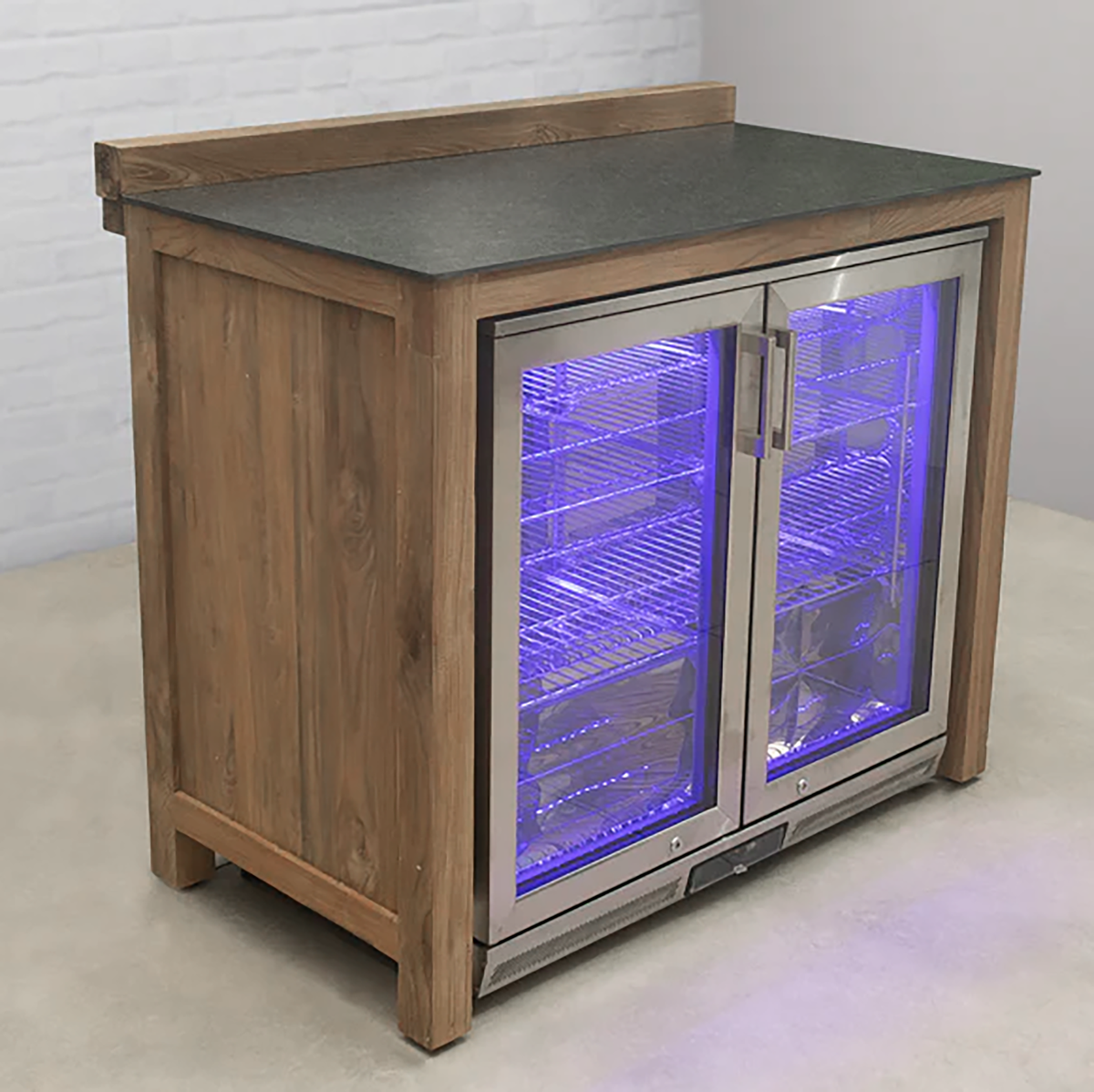 Teak Modular Outdoor Kitchen Double Fridge Cabinet with Ceramic Top